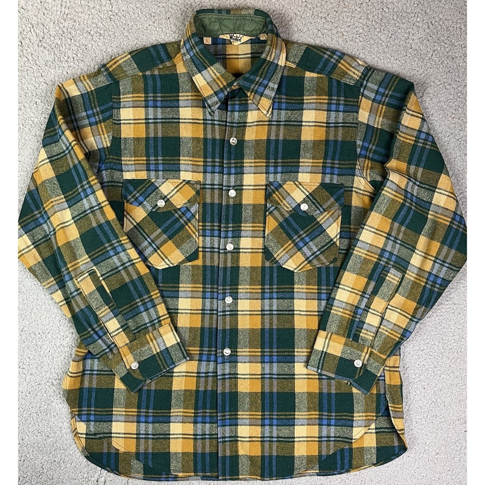 VTGโ 70s Woolrich Green Yellow Blue Plaid Long Sleeve Shirt USA Made Button Up